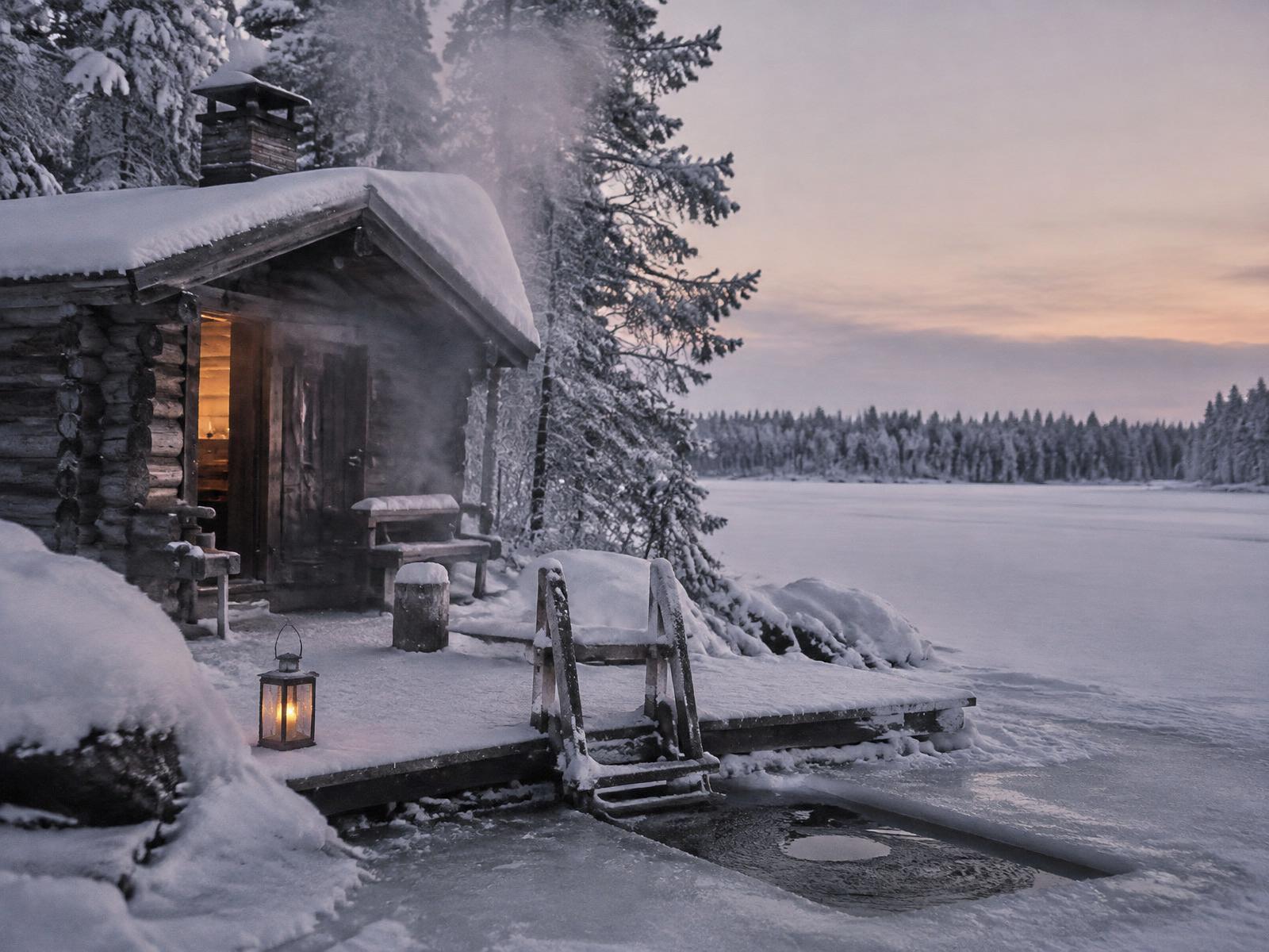 Lakeside Finnish sauna in winter